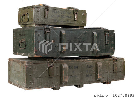 Army ammunition stack of green crates. Text in russian - type of ammunition, projectile caliber, projectile type, number of pieces and weight. Army ammunition stack of green crates. Text in russian - type of ammunition, projectile caliber, projectile type, number of pieces and weight. 102738293