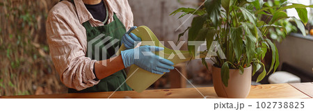 Smiling woman florist taking care of plant watering it in floral shop Smiling woman florist taking care of plant watering it in floral shop 102738825
