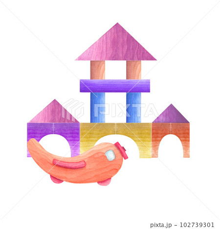 Watercolor illustration of a set of wooden building, toy airplane isolated on white background. Watercolor illustration for the design of postcard, greetings, birthday and baby show cards 102739301