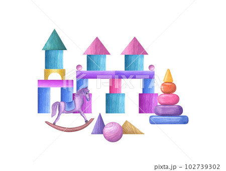 Watercolor illustration of a set of wooden builds, toy pyramid, hobbyhorse isolated on white background. Watercolor illustration for the design of postcard, greetings, birthday and baby show cards Watercolor illustration of a set of wooden builds, toy pyramid, hobbyhorse isolated on white background. Watercolor illustration for the design of postcard, greetings, birthday and baby show cards 102739302