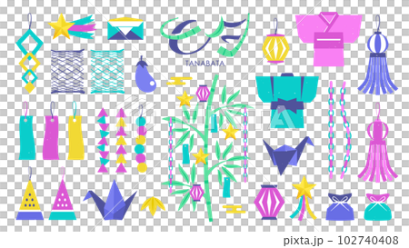 Illustration set of simple Tanabata decorations (neon pop) Illustration set of simple Tanabata decorations (neon pop) 102740408