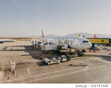Large passenger plane stands at the checkpoint before departure 102741486