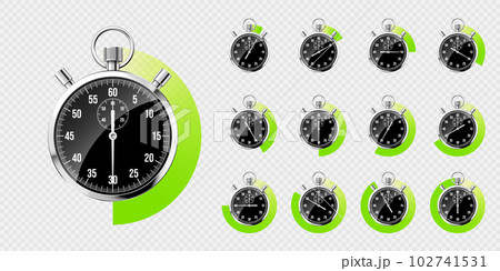 Realistic classic stopwatch. Shiny metal chronometer, black time counter with dial. Green countdown timer showing minutes, seconds. Time measurement for sport, start and finish. Vector illustration Realistic classic stopwatch. Shiny metal chronometer, black time counter with dial. Green countdown timer showing minutes, seconds. Time measurement for sport, start and finish. Vector illustration 102741531