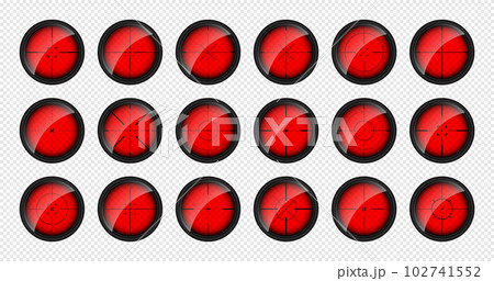 Various weapon thermal infrared sights, sniper rifle optical scopes. Hunting gun viewfinder with crosshair. Aim, shooting mark symbol. Military target sign. Game UI element. Vector illustration Various weapon thermal infrared sights, sniper rifle optical scopes. Hunting gun viewfinder with crosshair. Aim, shooting mark symbol. Military target sign. Game UI element. Vector illustration 102741552