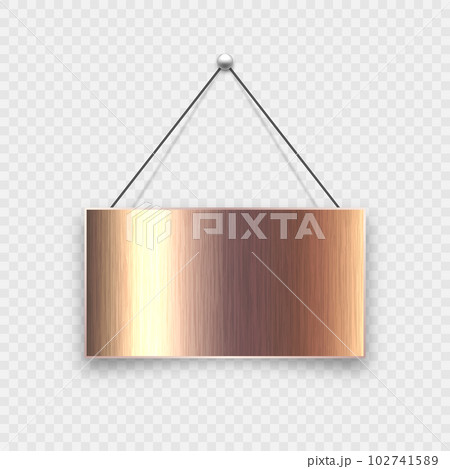 Brushed metal blank hanging signboard. Vintage door sign for cafe, restaurant, bar or retail store. Announcement banner, information signage for business or service. Vector illustration 102741589