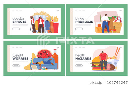 Fat Character Overeat Fast Food Landing Page Template Set. People Experience Weight Gain, Health Problems, Illustration Fat Character Overeat Fast Food Landing Page Template Set. People Experience Weight Gain, Health Problems, Illustration 102742247