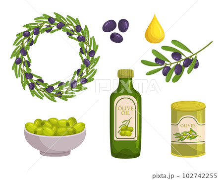 Olives Set, Green, Black, And Kalamata. Wreath, Oil Drop, Bottle and Pickled Olives in Tin Can or Fresh Olives in Bowl 102742255