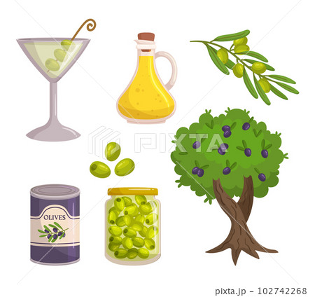 Olive Products Set, Oil, Martini, Pickled Olives In Tin Can, Tasty Assortment Of Green And Black Olives, Illustration 102742268