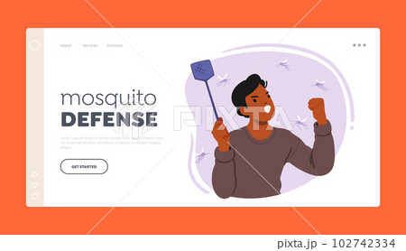 Mosquito Defense Landing Page Template. Man With Fly Swatter Aggressively Hits Mosquito In Mid-air, Vector Illustration Mosquito Defense Landing Page Template. Man With Fly Swatter Aggressively Hits Mosquito In Mid-air, Vector Illustration 102742334