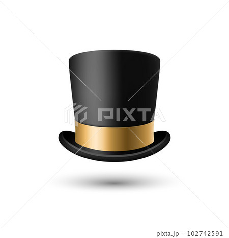 Vector 3d Realistic Black Top Hat Icon with Golden Ribbon Closeup Isolated. Classic Retro Vintage Top Hat, Vintage Gentlemans Mens Hat, Front View 102742591