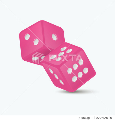 Vector 3d Realistic Pink Game Dice with White Dots Set Closeup Isolated on White Background. Game Cubes Couple for Gambling in Different Positions, Casino Dices, Round Edges Vector 3d Realistic Pink Game Dice with White Dots Set Closeup Isolated on White Background. Game Cubes Couple for Gambling in Different Positions, Casino Dices, Round Edges 102742610