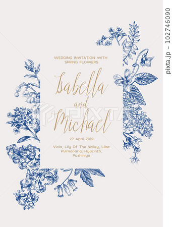 Floral frame. Wedding invitation card with summer and spring flowers. Blue. Line art. 102746090