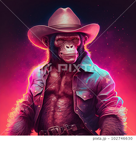 Cowboy monkey in stylish hat and jacket. Pop art style in neon colors, lifestyle concept. Generative AI 102746630