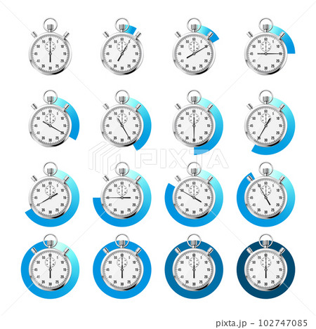 Realistic classic stopwatch. Shiny metal chronometer, time counter with dial. Blue countdown timer showing minutes and seconds. Time measurement for sport, start and finish. Vector illustration 102747085