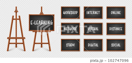 Black chalkboard on wooden easel. Blackboard in wooden frame on a tripod. Presentation board with text, writing or drawing surface. Online studying, e-learning and education. Vector illustration Black chalkboard on wooden easel. Blackboard in wooden frame on a tripod. Presentation board with text, writing or drawing surface. Online studying, e-learning and education. Vector illustration 102747096