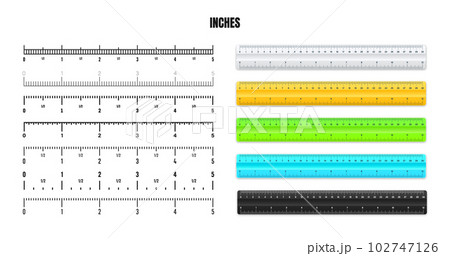 Realistic plastic rulers with black inch scale for measuring length or height. Various measurement scales with divisions. Ruler, tape measure marks, size indicators. Vector illustration 102747126