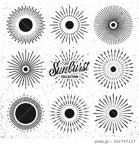 Vintage grunge sunburst, sunset beams. Hand drawn bursting sun, light rays. Logotype or lettering design element in retro style. Vector illustration 102747127