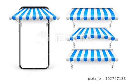 Smartphone with shop sunshade and metal mount, online internet shopping. Realistic blue striped cafe awning. Outdoor market tent. Roof canopy. Summer street store. Vector illustration 102747128