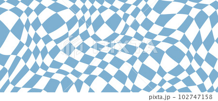 Retro distorted checkerboard background. Blue trippy psychedelic checkered wallpaper. Wavy pool surface. Abstract twisted groovy geometric pattern. Vector backdrop Retro distorted checkerboard background. Blue trippy psychedelic checkered wallpaper. Wavy pool surface. Abstract twisted groovy geometric pattern. Vector backdrop 102747158
