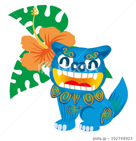 ポップな笑顔のシーサーとハイビスカスのイラスト　夏とリゾートと沖縄県のイメージ 102748923
