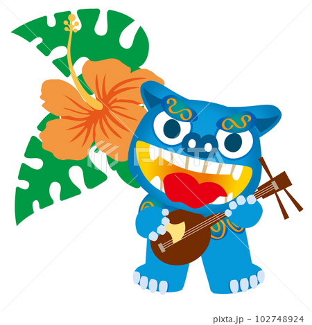 ポップな三線を弾くシーサーとハイビスカスとモンステラのイラスト　夏とリゾートと沖縄県のイメージ 102748924