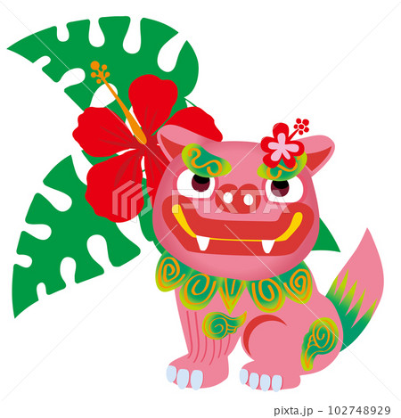 ポップなシーサーとハイビスカスとモンステラのイラスト　夏とリゾートと沖縄県のイメージ 102748929