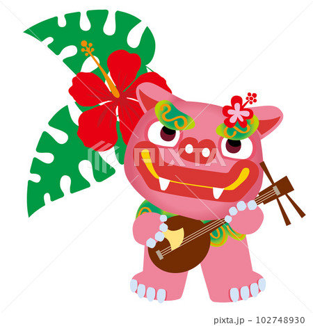 ポップな三線を弾くシーサーとハイビスカスのイラスト　夏とリゾートと沖縄県のイメージ 102748930