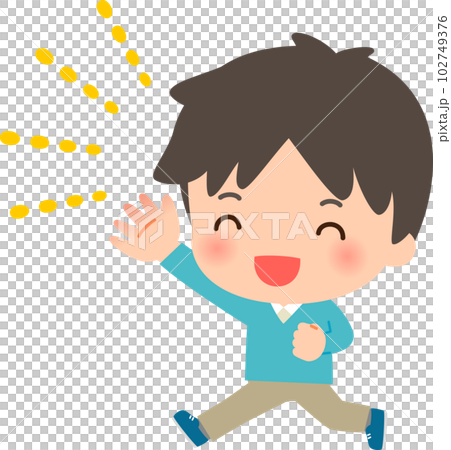Smiling man jumping with hands up Smiling man jumping with hands up 102749376