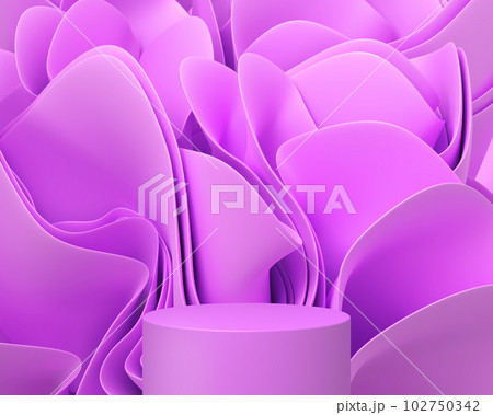 Podium with floral layered background 3d render. Abstract geometric stage, blank platform with pink wavy fabric, folded in shape flower for display cosmetic product, ad mockup banner. 3D illustration 102750342
