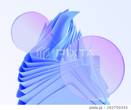 Glassmorphism banner with glass circle plates on blue wavy layered background 3d render. Blank acrylic blur discs, holographic clear frames with folded ribbons, ui design elements. 3D illustration 102750343