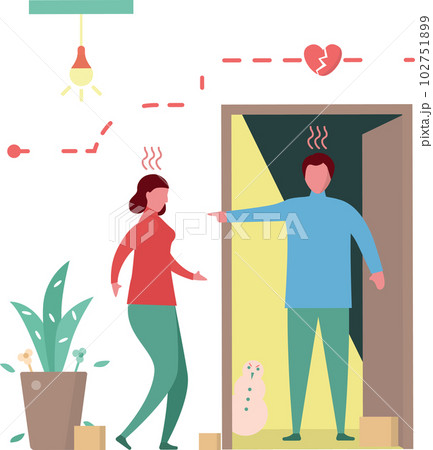 Man argues girlfriend in front of the door. Vector illustration in flat style. Man argues girlfriend in front of the door. Vector illustration in flat style. 102751899