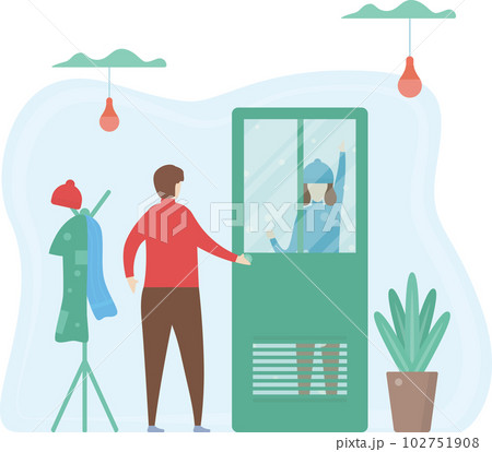 Man opens the door for woman. Couple of love design for winter season. Vector illustration in flat style. 102751908