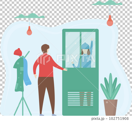 Man opens the door for woman. Couple of love design for winter season. Vector illustration in flat style. Man opens the door for woman. Couple of love design for winter season. Vector illustration in flat style. 102751908
