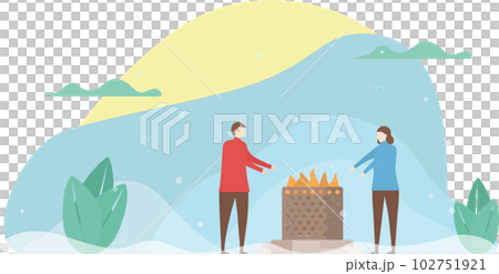 Lover is warming by the fire in the field of park. Couple of love design for winter season. Vector illustration in flat style. 102751921