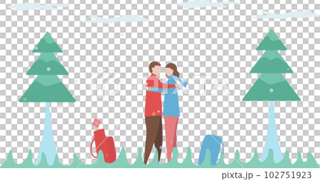 Man hugs his girlfriend among the meadow field. Scene design about couple of love in winter season. Vector illustration in flat style. 102751923