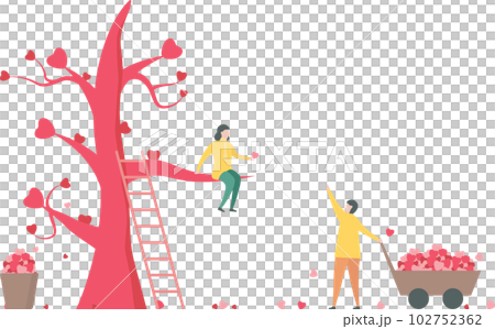 Man harvests hearts for his girlfriend. Couple of love design in winter season. Man harvests hearts for his girlfriend. Couple of love design in winter season. 102752362