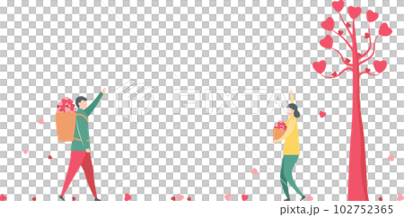 Man harvests hearts for his girlfriend among mountain scene. Couple of love design in winter season. 102752365