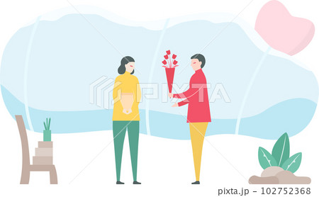 Man gives a bouquet of flowers to his girlfriend. Scene design about couple of love in winter season. Man gives a bouquet of flowers to his girlfriend. Scene design about couple of love in winter season. 102752368