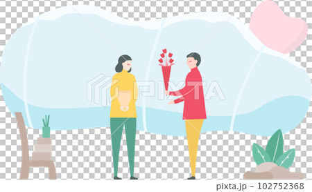 Man gives a bouquet of flowers to his girlfriend. Scene design about couple of love in winter season. Man gives a bouquet of flowers to his girlfriend. Scene design about couple of love in winter season. 102752368