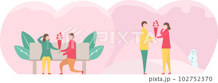 Man gives a bouquet of flowers to his girlfriend. Set of scene design about couple of love in winter season. Man gives a bouquet of flowers to his girlfriend. Set of scene design about couple of love in winter season. 102752370