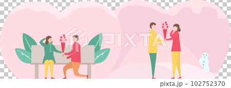Man gives a bouquet of flowers to his girlfriend. Set of scene design about couple of love in winter season. Man gives a bouquet of flowers to his girlfriend. Set of scene design about couple of love in winter season. 102752370