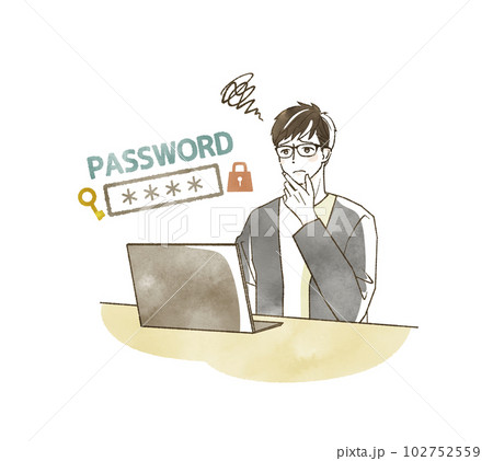 パソコンのパスワードで悩んでいる男性 パソコンのパスワードで悩んでいる男性 102752559