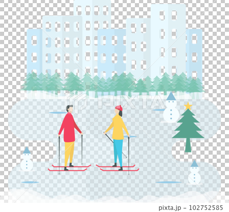 Romantic adults couple play ski in winter season. Character design of people. Illustration in flat style. 102752585