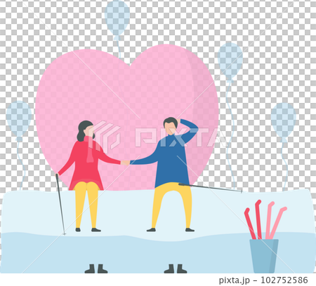 Man sits on the ice chair. And he talks with his girlfriend. Couple of love design in winter season. Illustration in flat style. 102752586