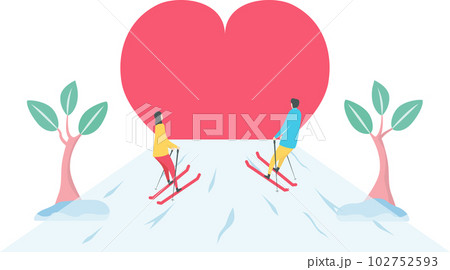 Romantic adults couple play ski. Character design of people in winter season. Illustration in flat style. 102752593