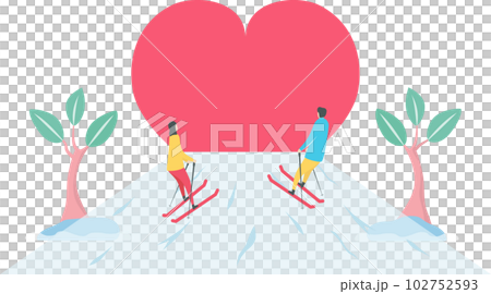 Romantic adults couple play ski. Character design of people in winter season. Illustration in flat style. 102752593