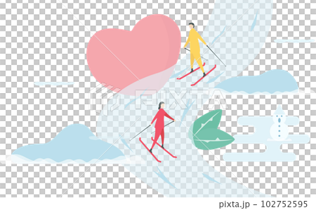 Romantic adults couple play ski. Character design of people. Illustration in flat style. Romantic adults couple play ski. Character design of people. Illustration in flat style. 102752595