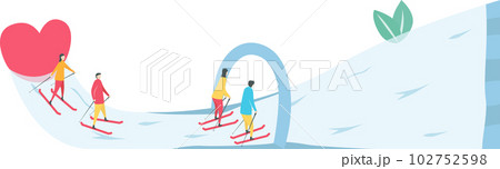 Romantic adults couple play ski in winter season. Character design of people. Illustration in flat style. 102752598