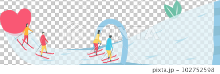 Romantic adults couple play ski in winter season. Character design of people. Illustration in flat style. 102752598