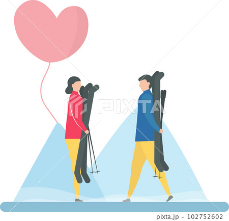 Couple of love play ski in winter season. Character design of people. Illustration in flat style. 102752602